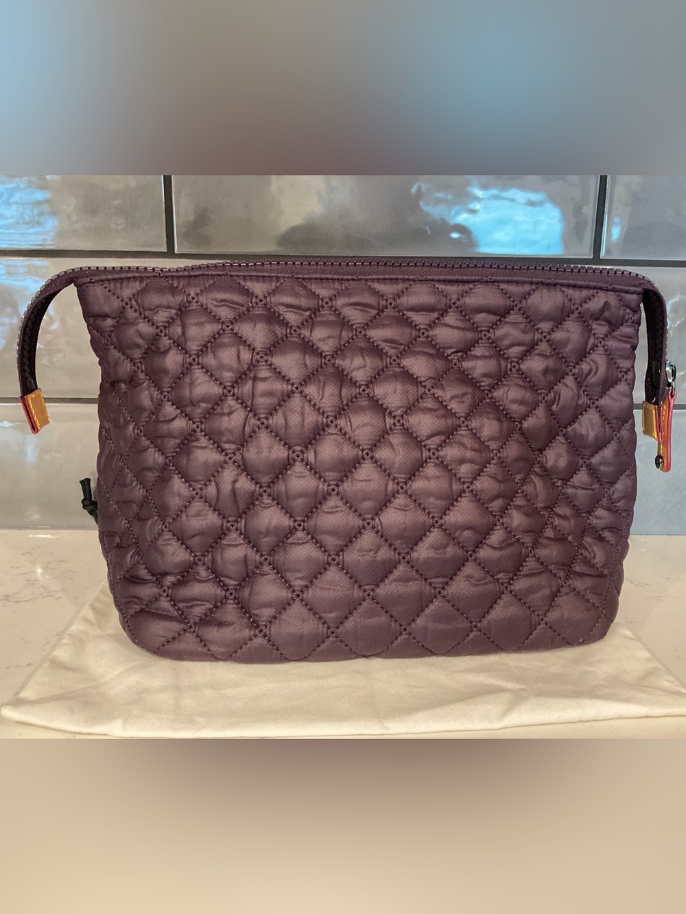 MZ Wallace Large Zoey Zip Pouch Cosmetic Bag Raisin - Picture 2 of 11